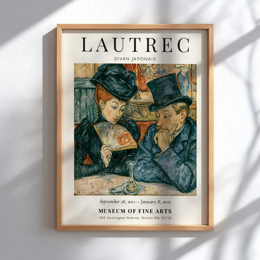 Divan Japonais poster featuring Toulouse-Lautrec's vibrant art style with rich colors and elegant figures