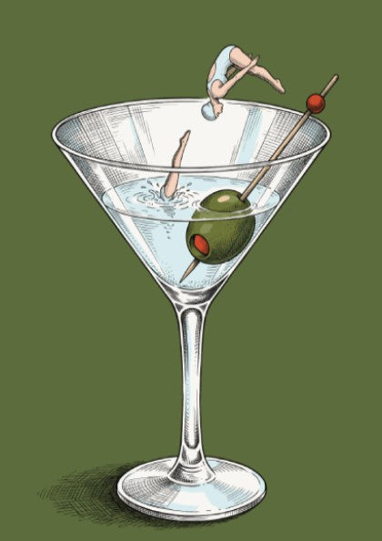 Poster featuring a vintage illustration of a swimmer diving into a martini glass