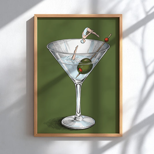 Poster featuring a vintage illustration of a swimmer diving into a martini glass