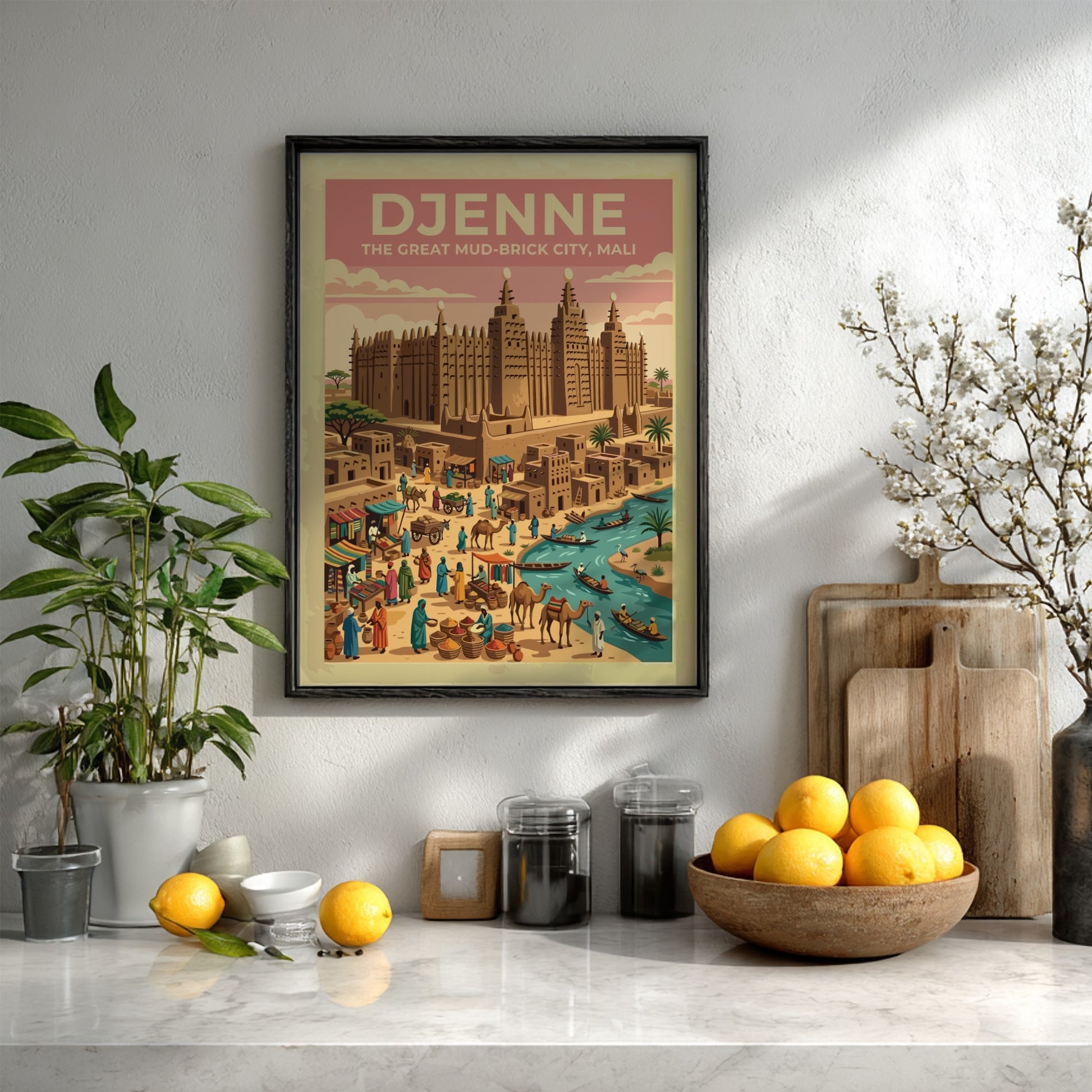 Travel poster of Djenne Mali featuring mud-brick architecture and a busy river market
