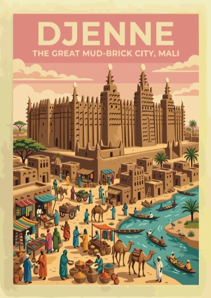 Travel poster of Djenne Mali featuring mud-brick architecture and a busy river market
