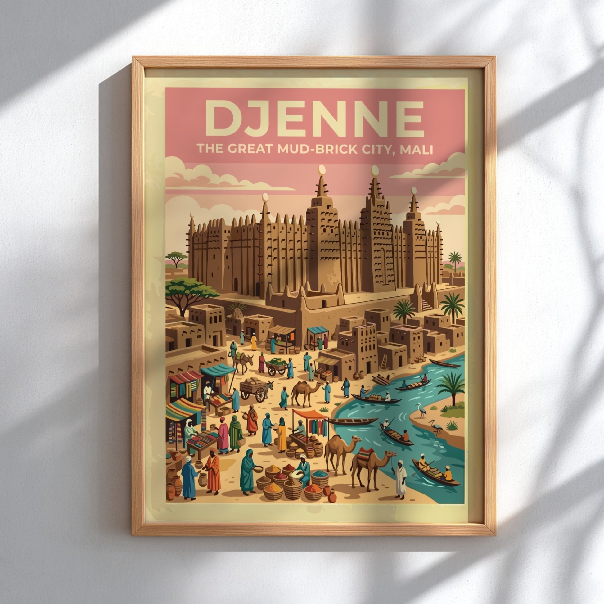 Travel poster of Djenne Mali featuring mud-brick architecture and a busy river market