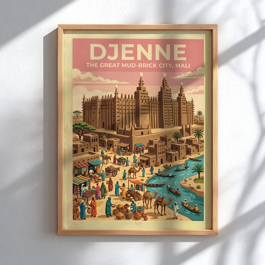 Travel poster of Djenne Mali featuring mud-brick architecture and a busy river market