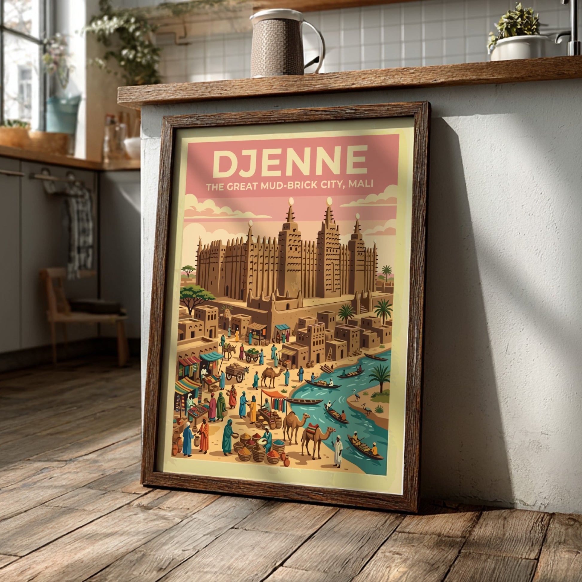 Travel poster of Djenne Mali featuring mud-brick architecture and a busy river market
