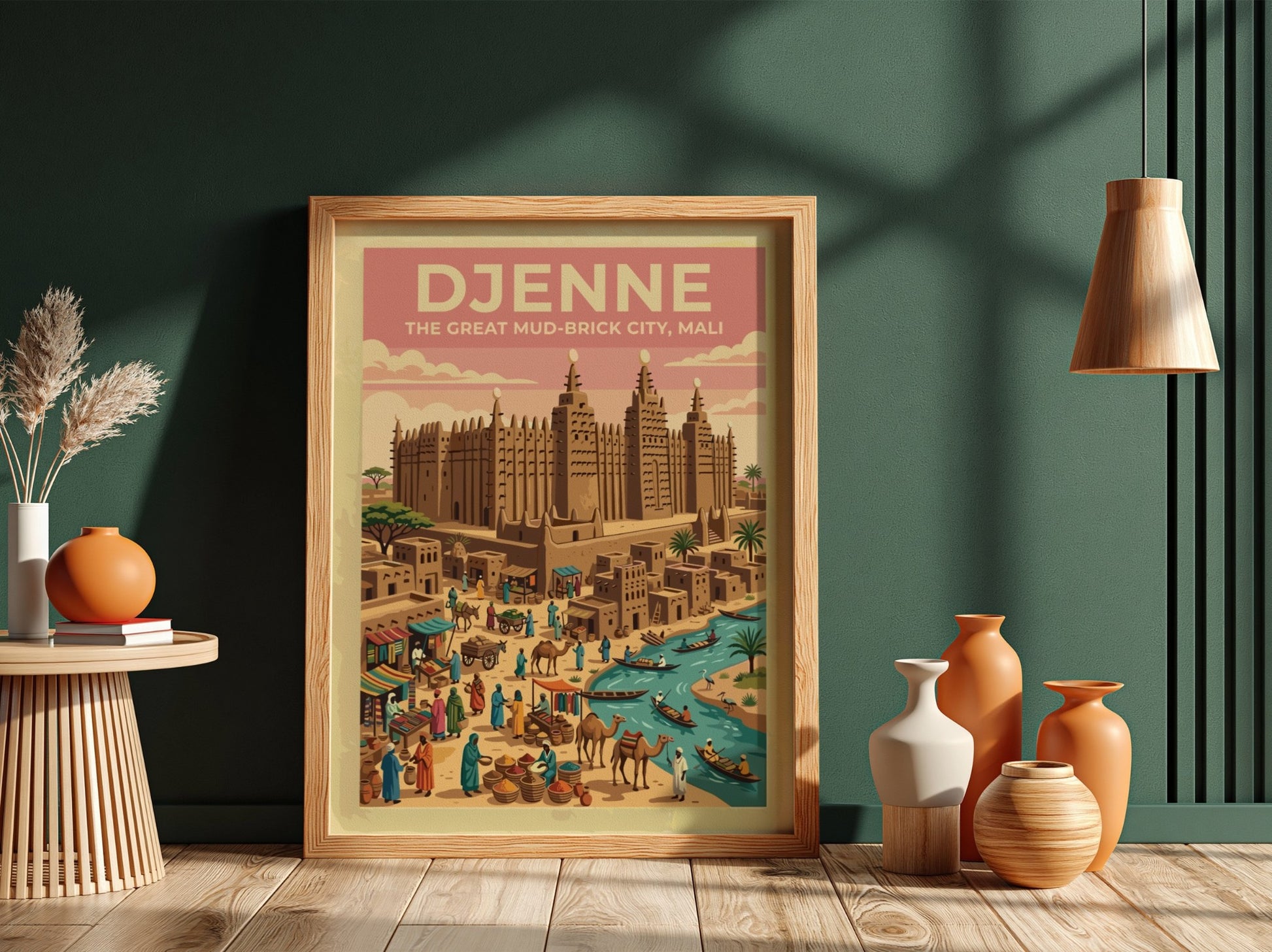 Travel poster of Djenne Mali featuring mud-brick architecture and a busy river market