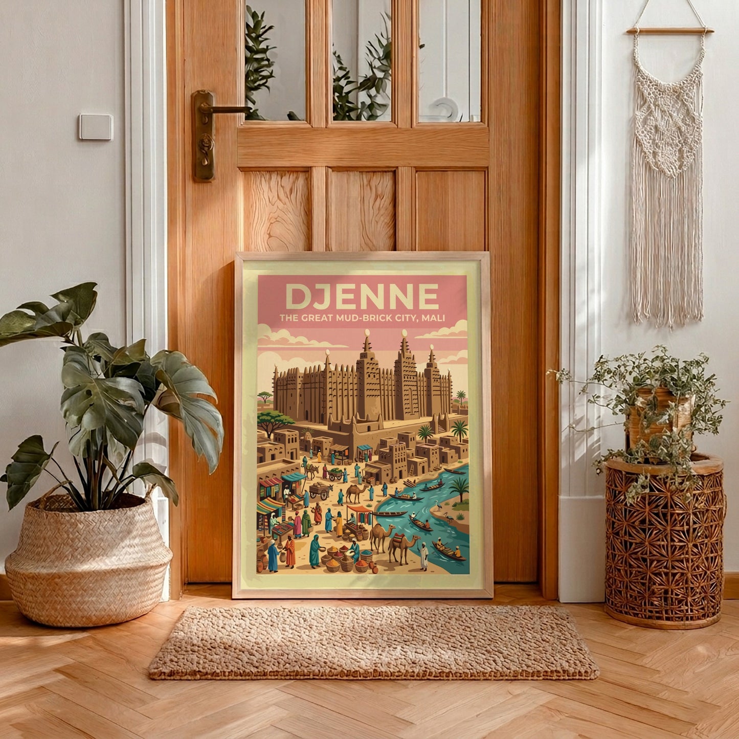 Travel poster of Djenne Mali featuring mud-brick architecture and a busy river market