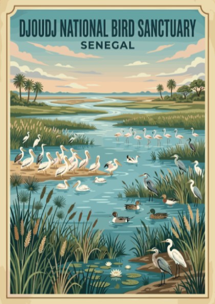 Djoudj National Bird Sanctuary poster featuring birds in a serene wetland landscape with vibrant colors,