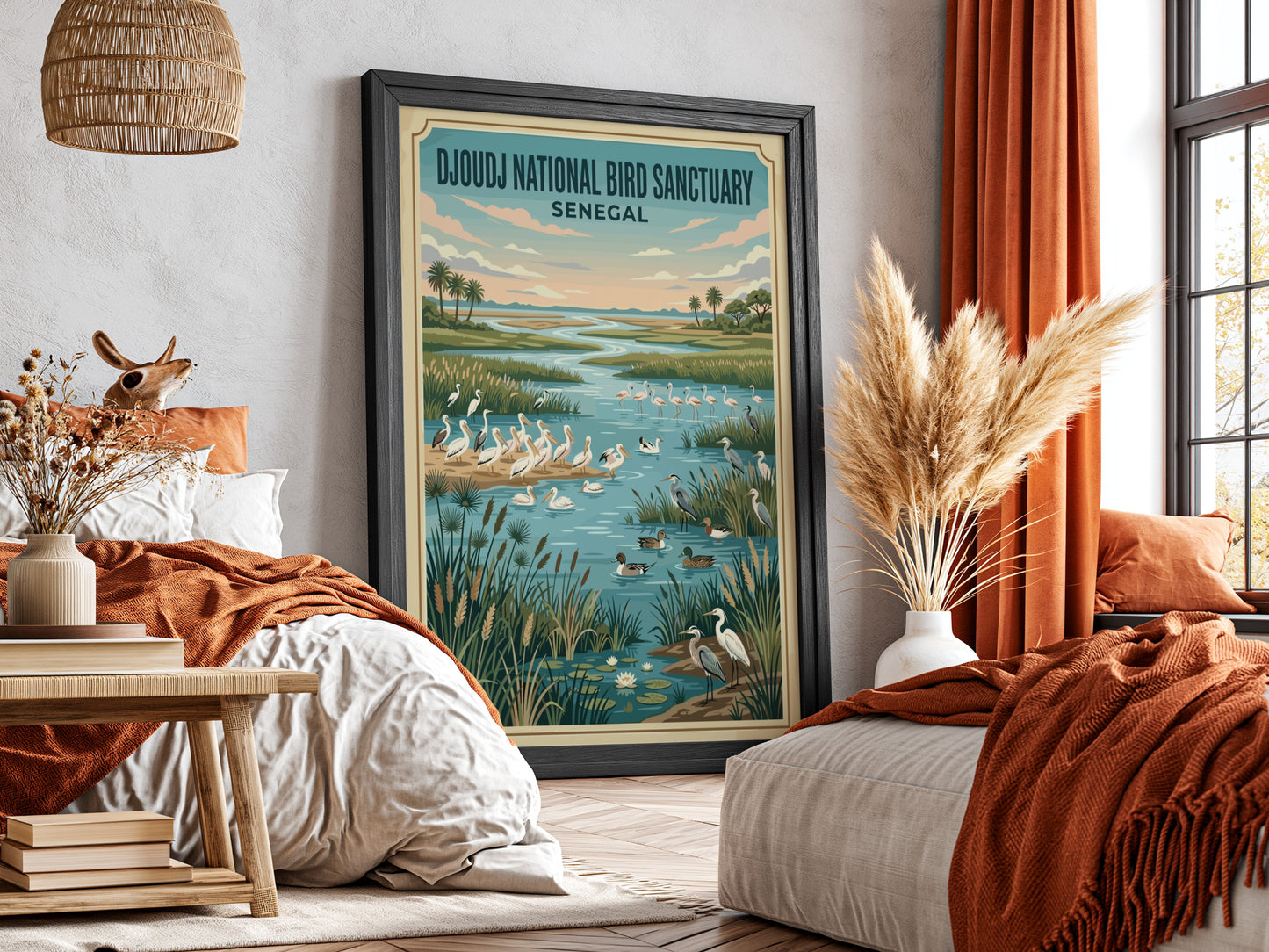 Djoudj National Bird Sanctuary poster featuring birds in a serene wetland landscape with vibrant colors,
