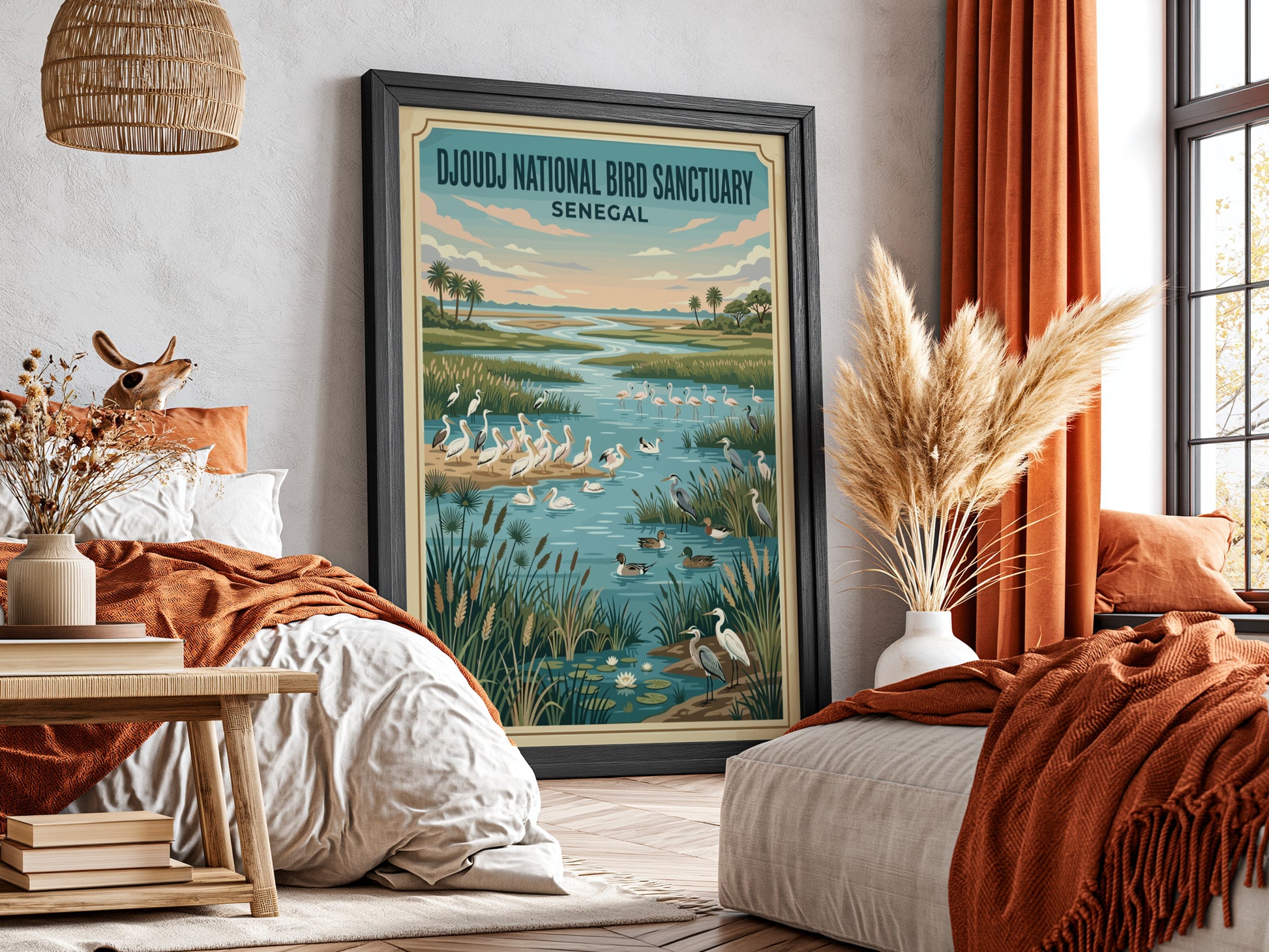 Djoudj National Bird Sanctuary poster featuring birds in a serene wetland landscape with vibrant colors,