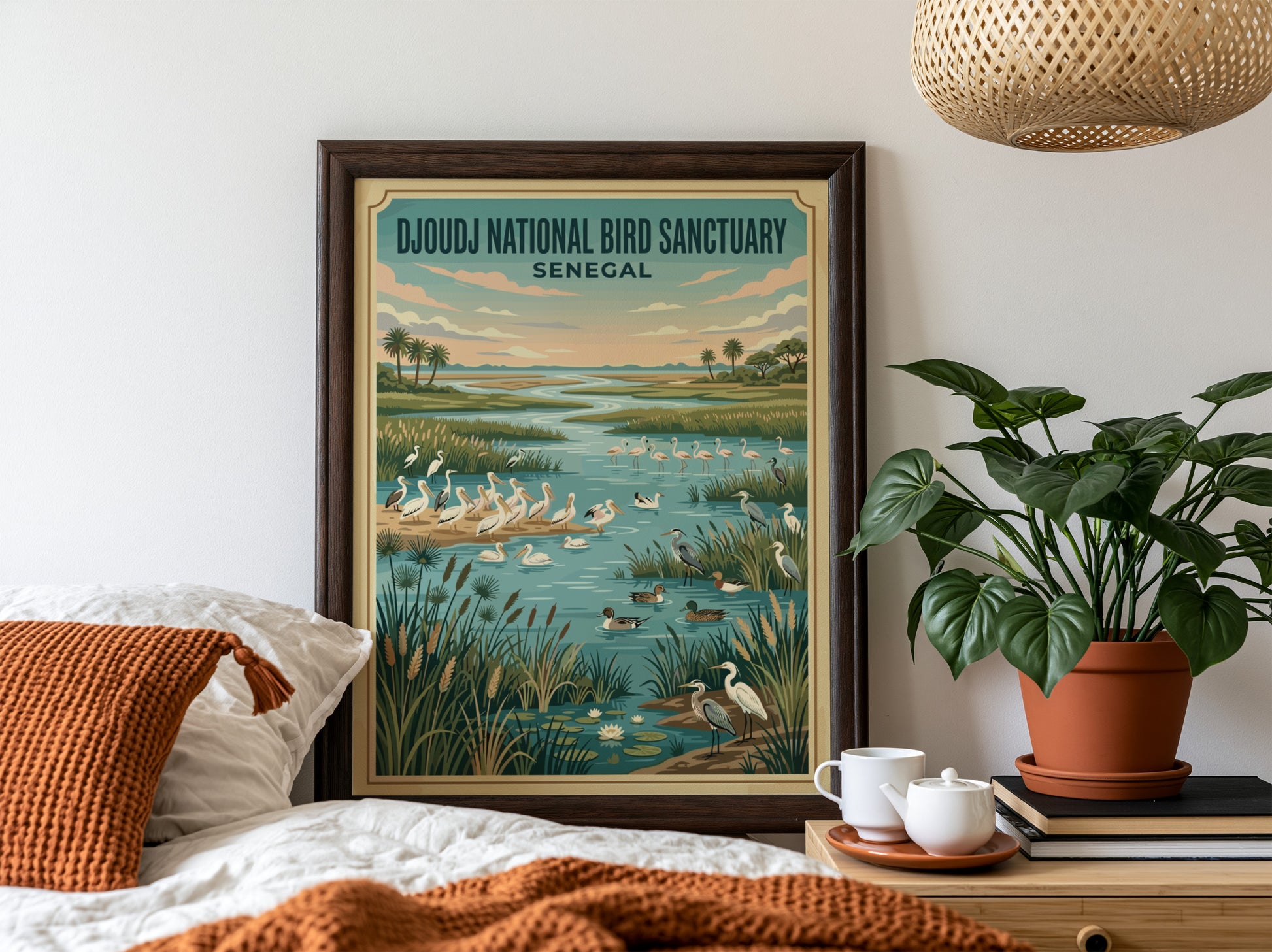 Djoudj National Bird Sanctuary poster featuring birds in a serene wetland landscape with vibrant colors,