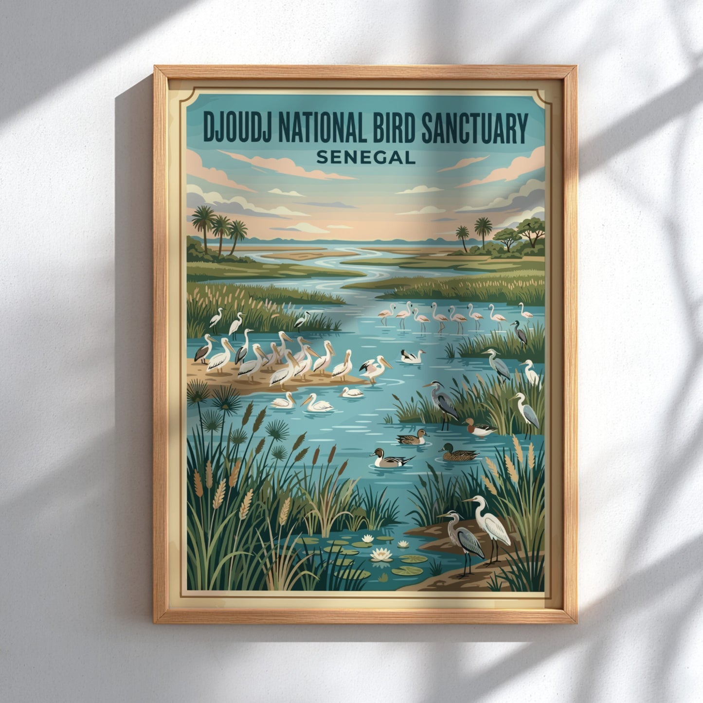 Djoudj National Bird Sanctuary poster featuring birds in a serene wetland landscape with vibrant colors,
