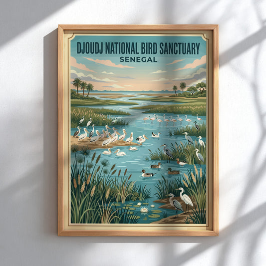 Djoudj National Bird Sanctuary poster featuring birds in a serene wetland landscape with vibrant colors,