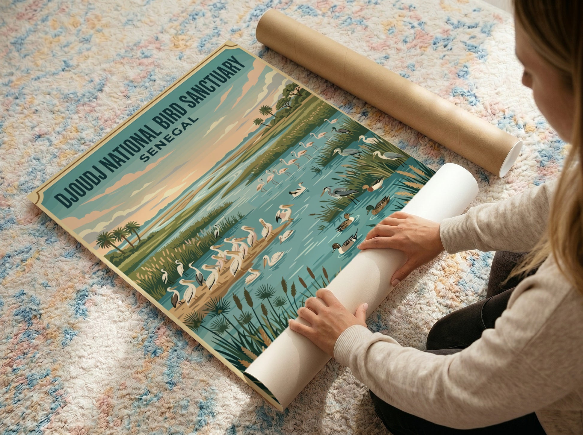 Djoudj National Bird Sanctuary poster featuring birds in a serene wetland landscape with vibrant colors,