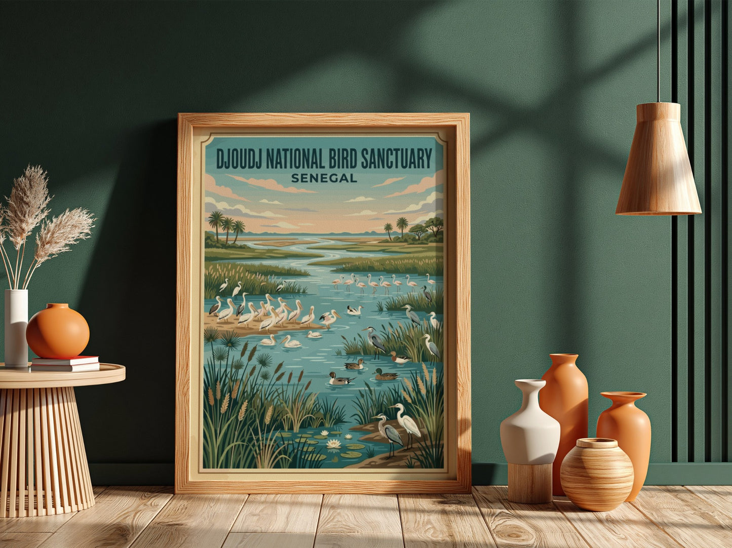 Djoudj National Bird Sanctuary poster featuring birds in a serene wetland landscape with vibrant colors,