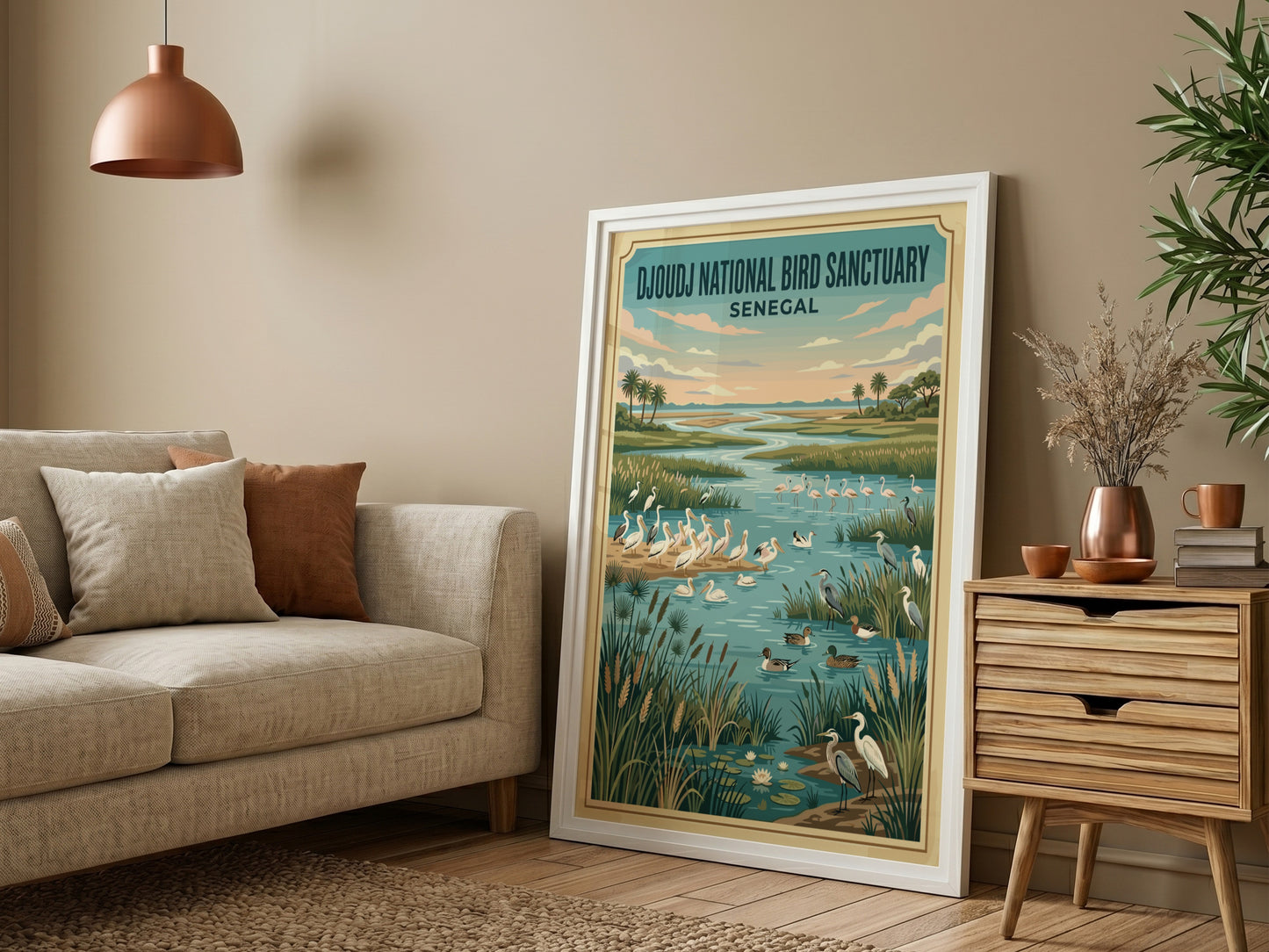 Djoudj National Bird Sanctuary poster featuring birds in a serene wetland landscape with vibrant colors,
