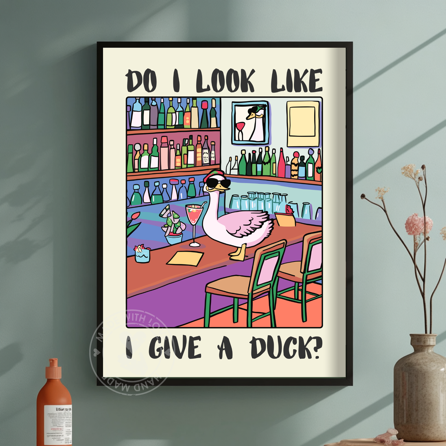 Funny Duck Bar Poster – Quirky Animal Wall Art, Humorous Drinking Print, Retro Pub Sign