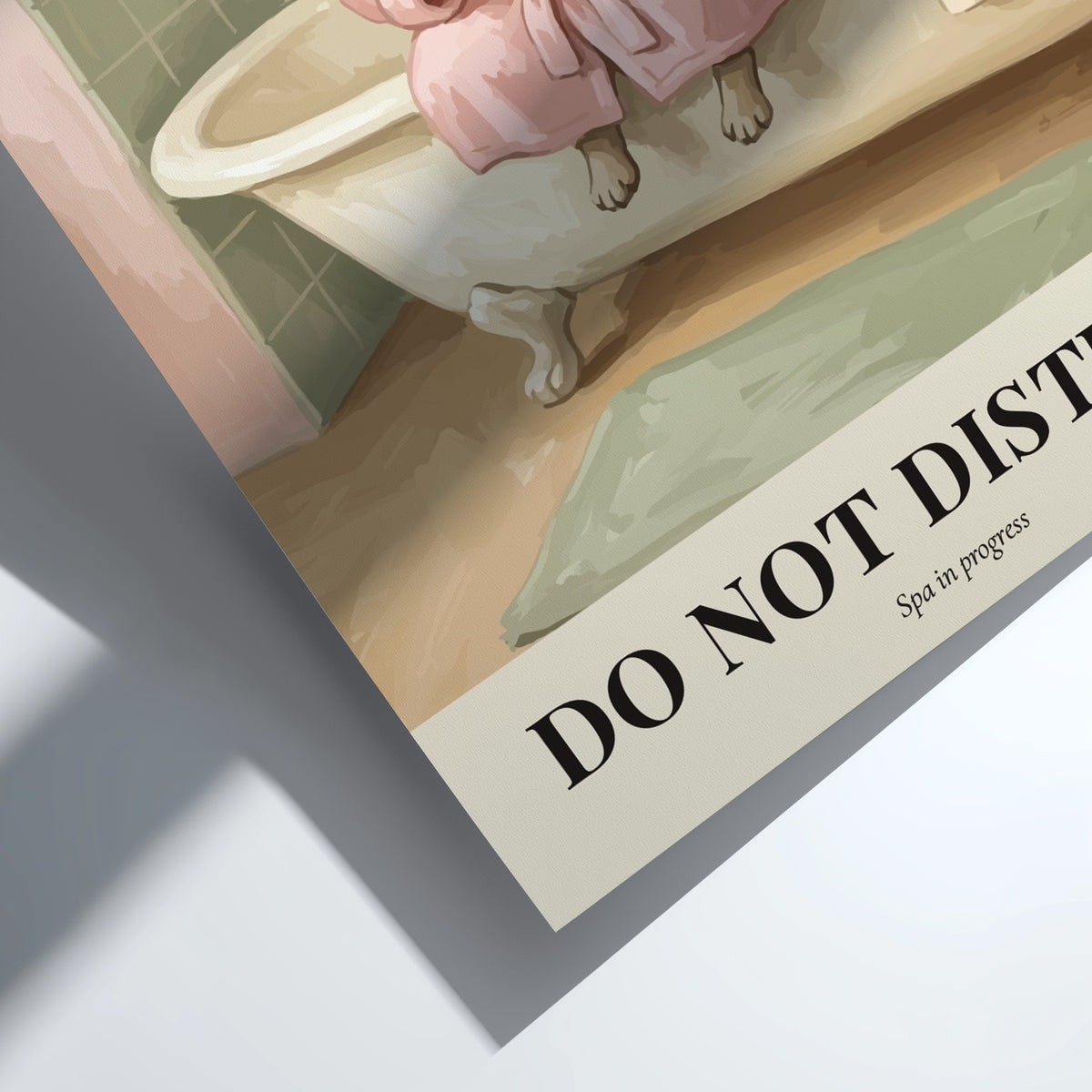Poster featuring a pug wearing a towel and robe with cucumber slices on eyes.