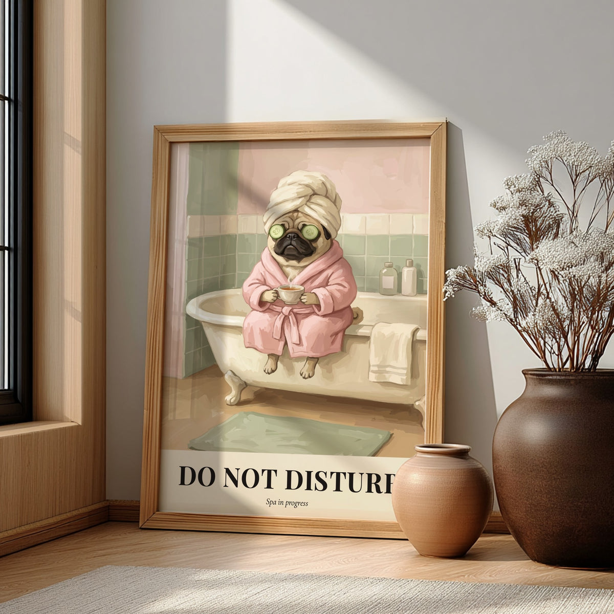 Poster featuring a pug wearing a towel and robe with cucumber slices on eyes.