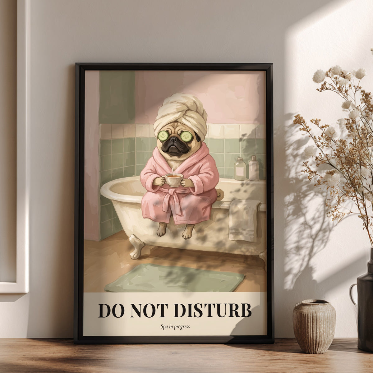 Poster featuring a pug wearing a towel and robe with cucumber slices on eyes.