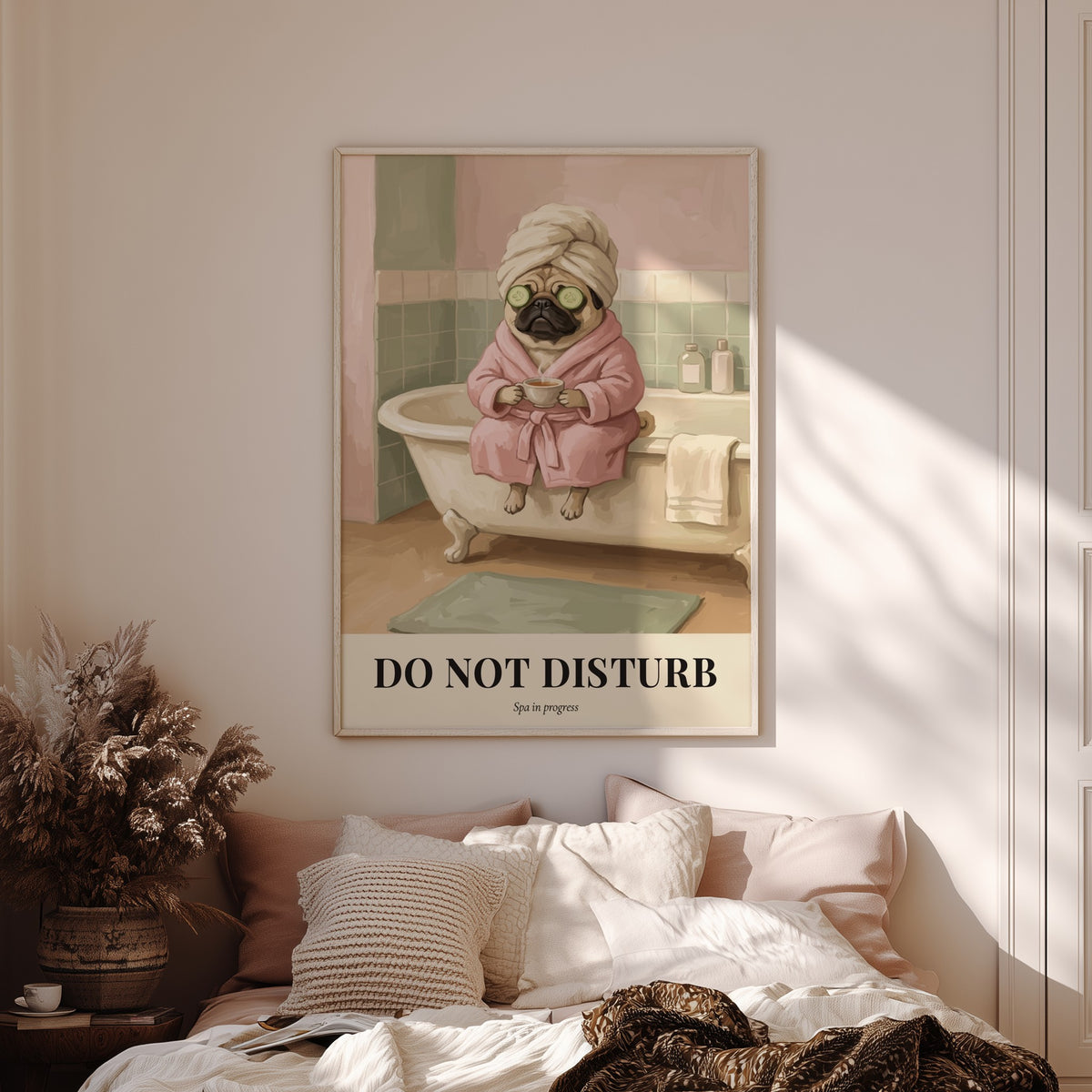 Poster featuring a pug wearing a towel and robe with cucumber slices on eyes.