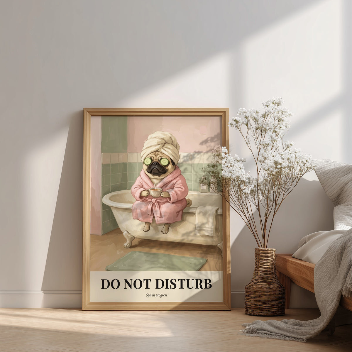 Poster featuring a pug wearing a towel and robe with cucumber slices on eyes.