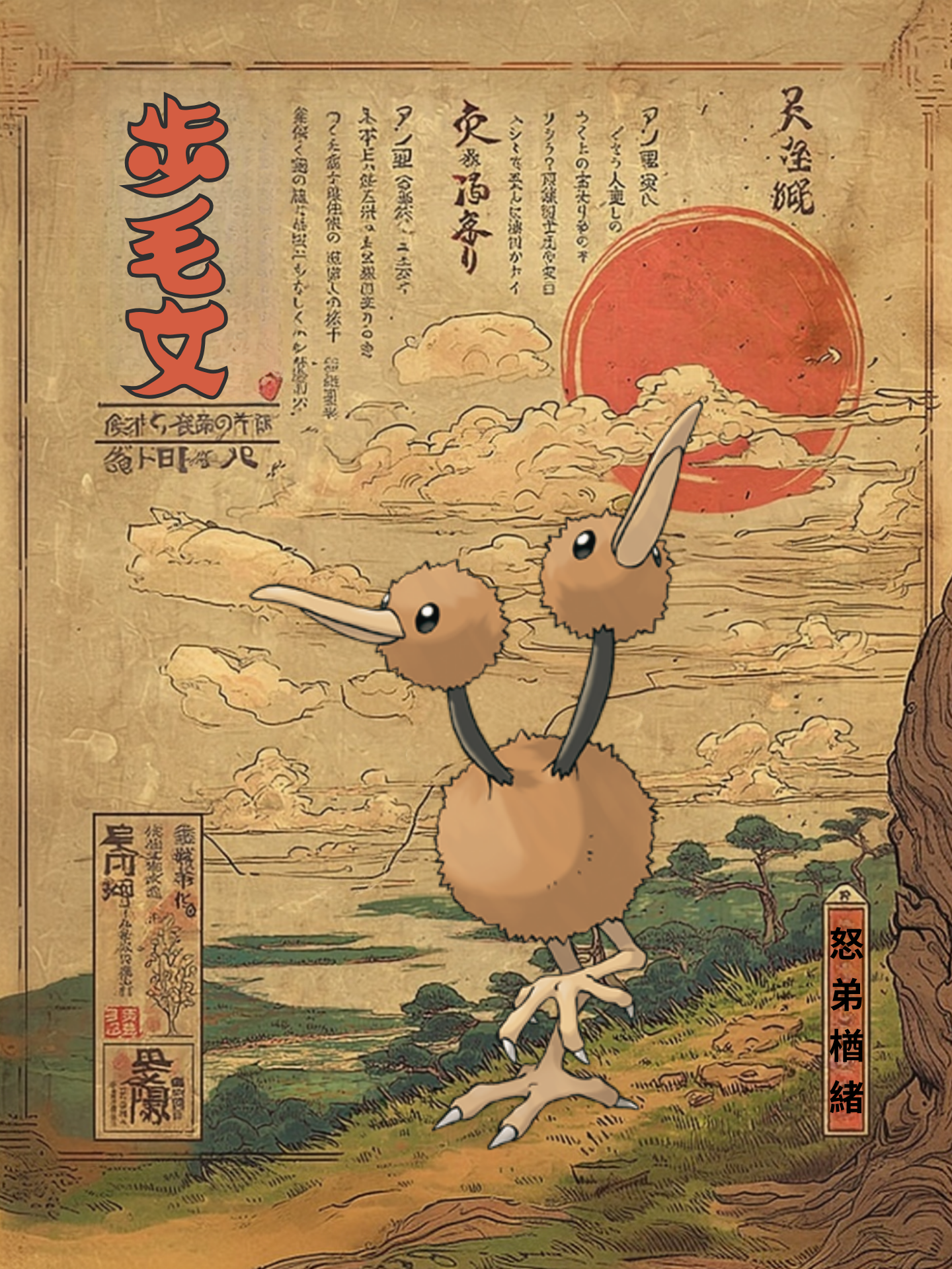 Illustration of Doduo Pokemon against a landscape with a red sun.