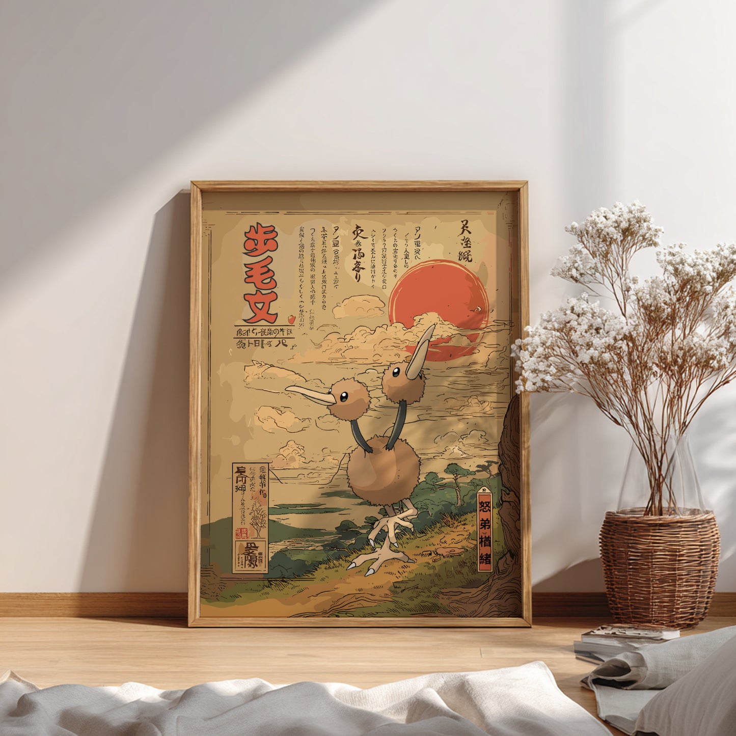 Framed artwork with a stylized illustration of Doduo Pokemon on a wall in a room.