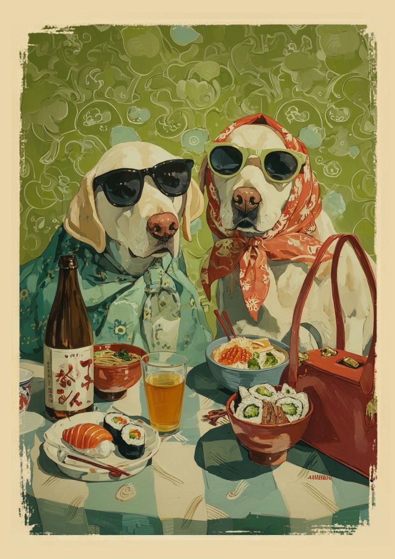 Two dogs at a table with sushi and drinks, wearing sunglasses and a scarf.