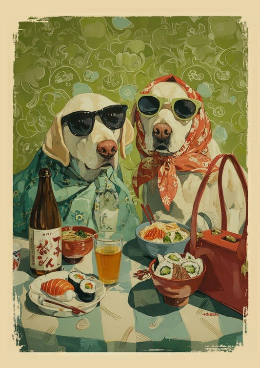Two dogs at a table with sushi and drinks, wearing sunglasses and a scarf.