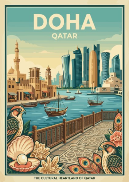 Doha Qatar vintage travel poster with skyline, boats, and architectural details.