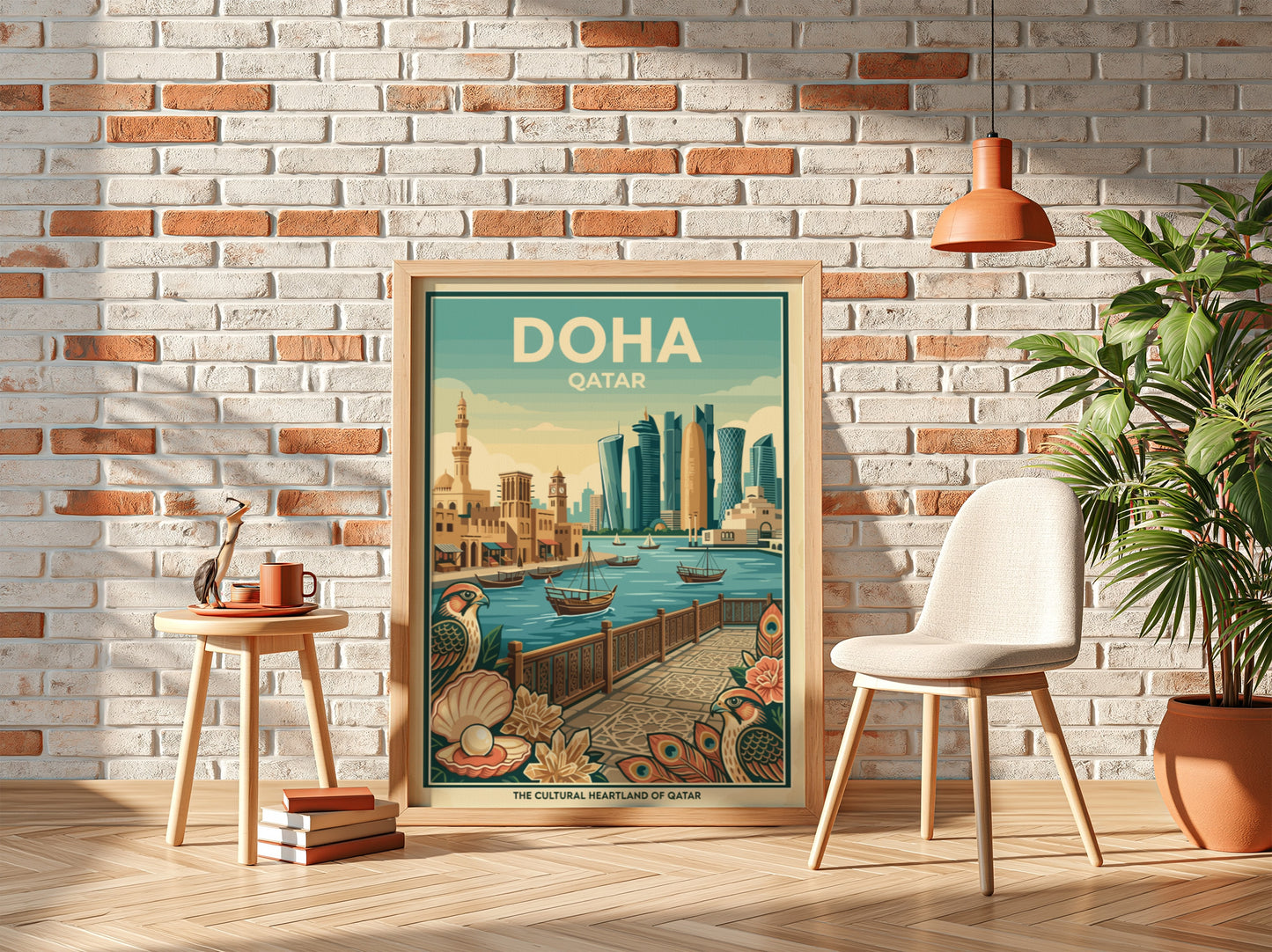 Doha Qatar vintage travel poster with skyline, boats, and architectural details.