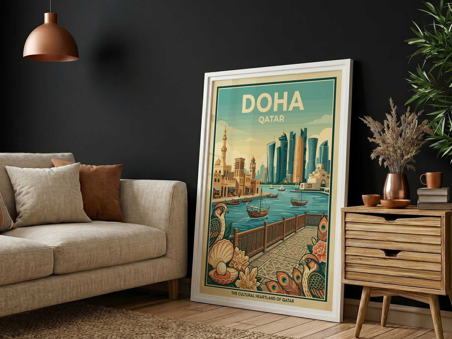 Doha Qatar vintage travel poster with skyline, boats, and architectural details.