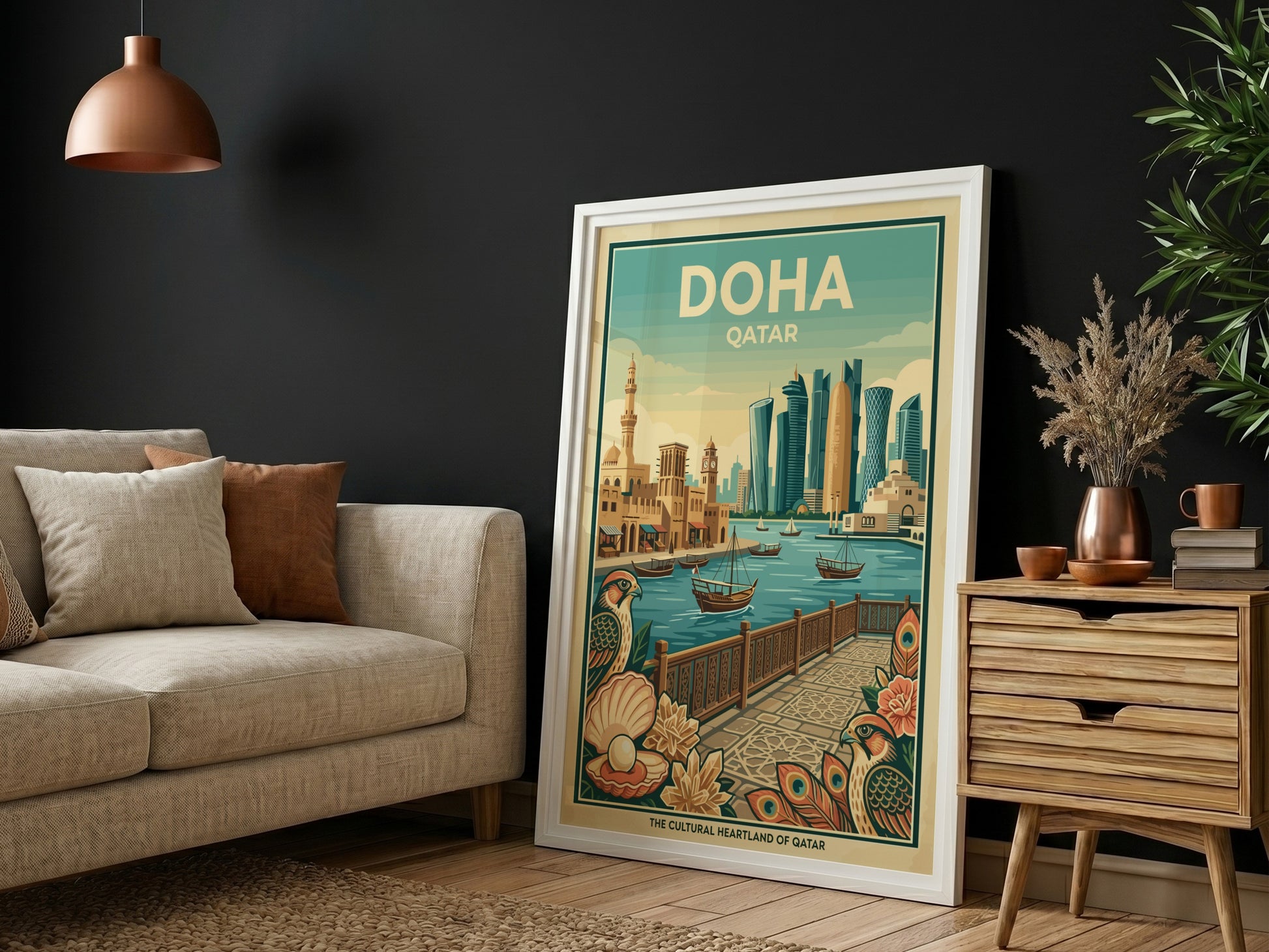 Doha Qatar vintage travel poster with skyline, boats, and architectural details.
