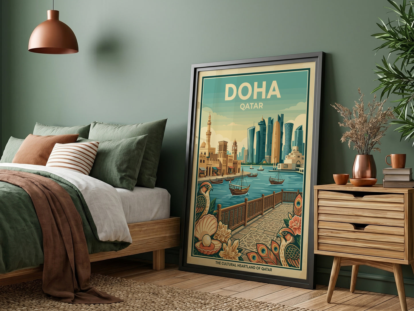 Doha Qatar vintage travel poster with skyline, boats, and architectural details.