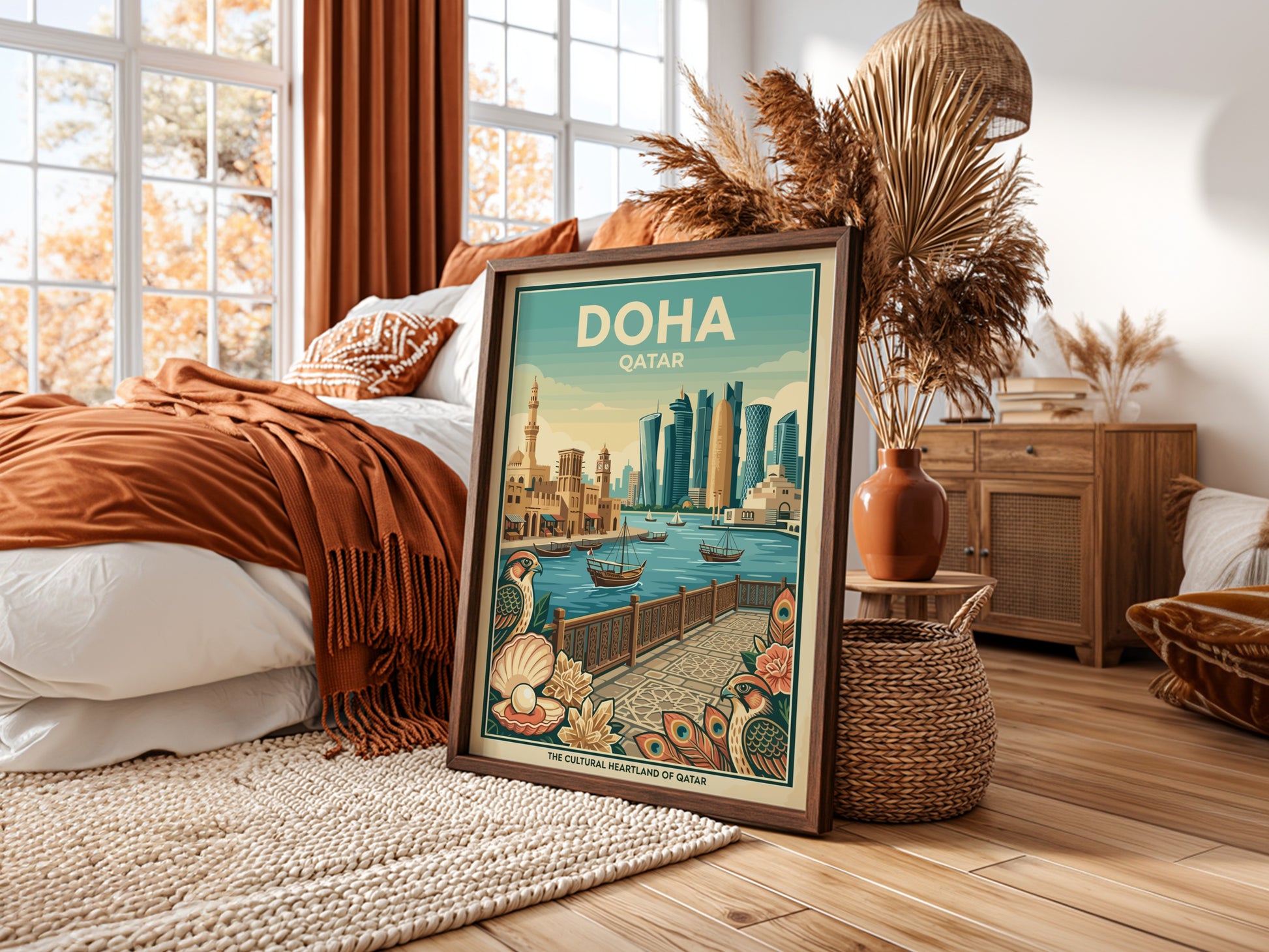 Doha Qatar vintage travel poster with skyline, boats, and architectural details.