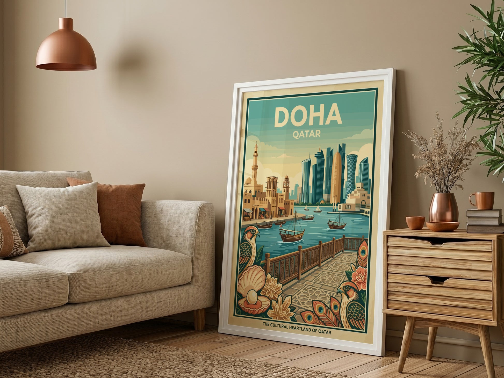 Doha Qatar vintage travel poster with skyline, boats, and architectural details.