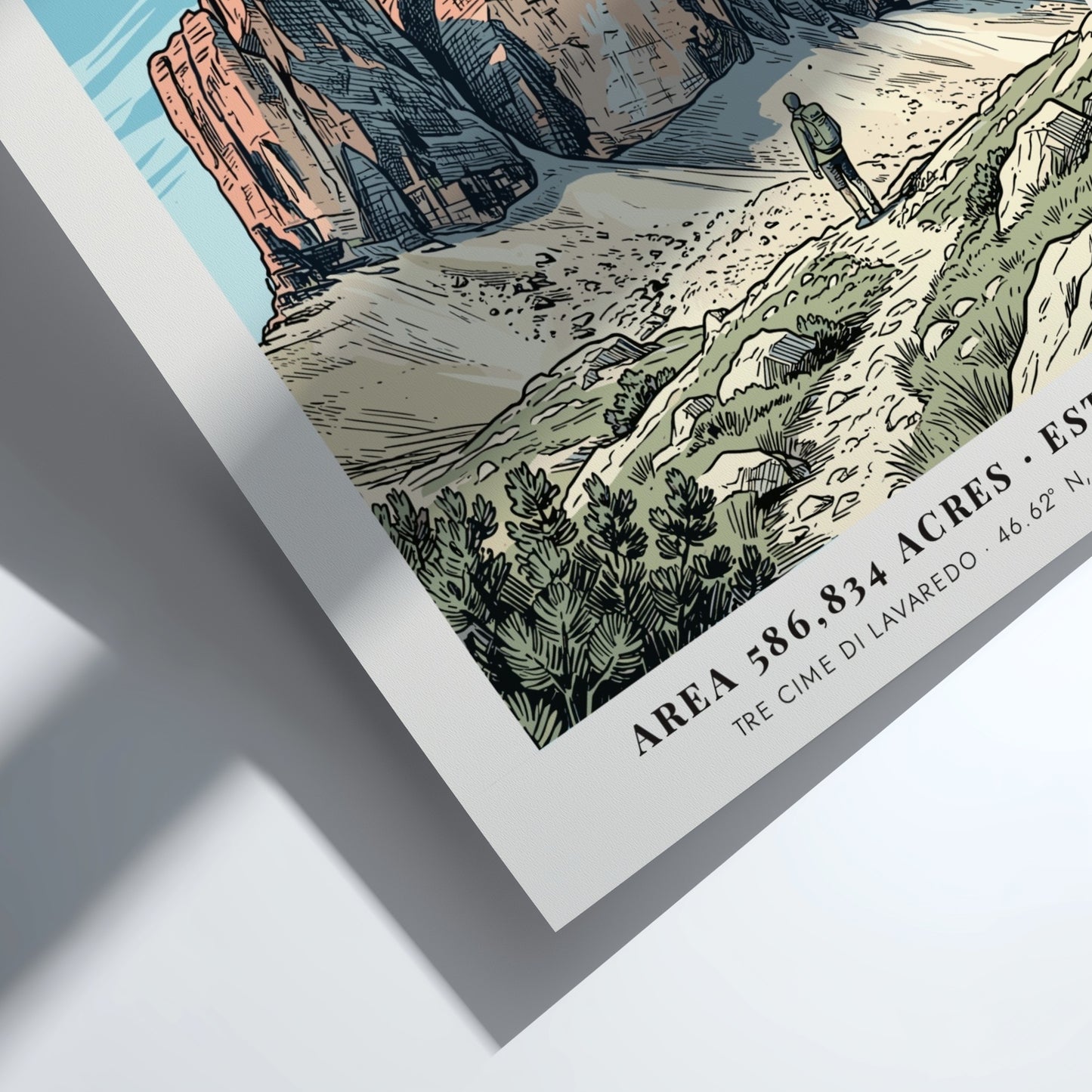 Poster of Dolomiti Tre Cime di Lavaredo with a hiker on a rocky path.