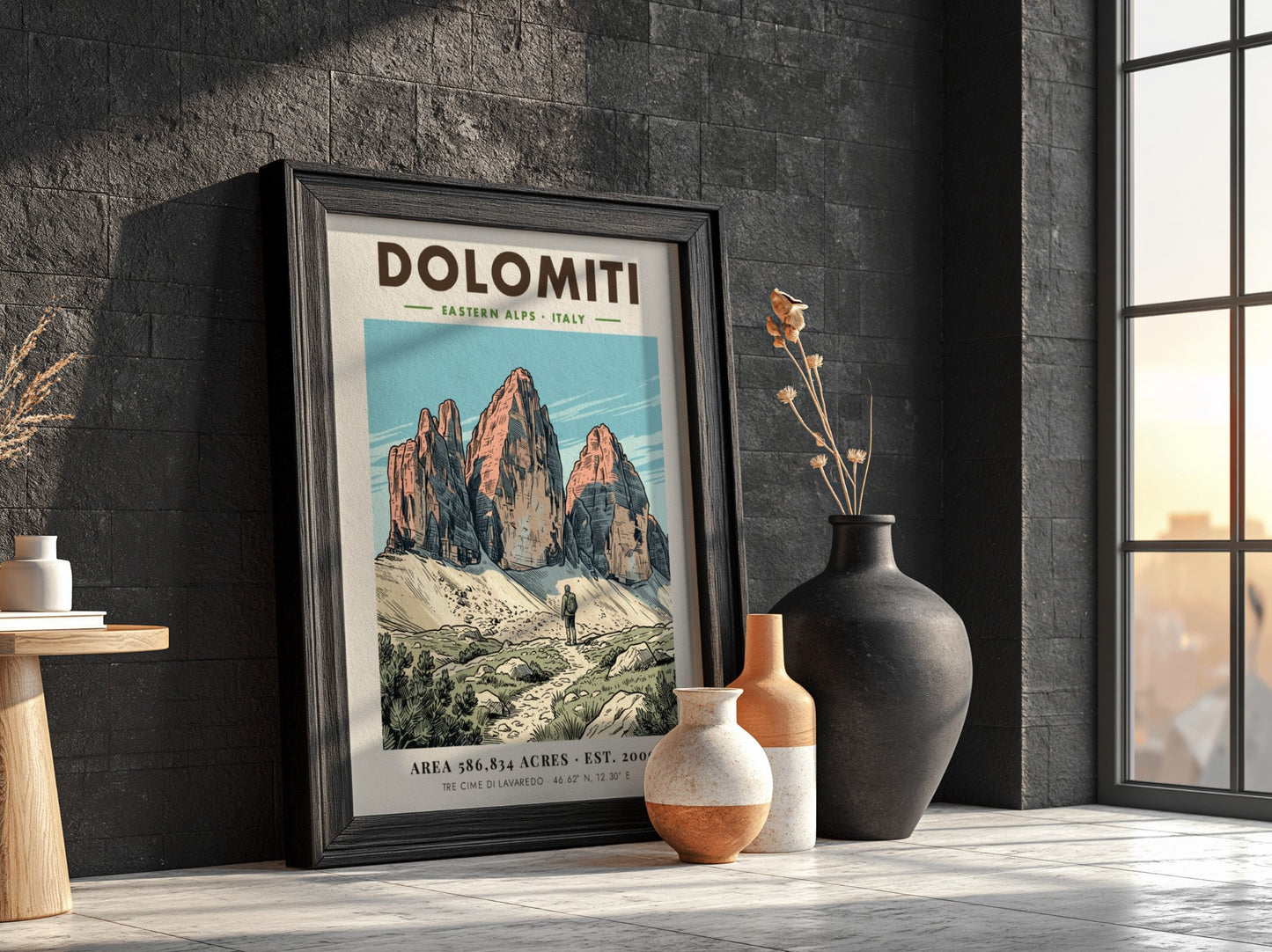 Poster of Dolomiti Tre Cime di Lavaredo with a hiker on a rocky path.