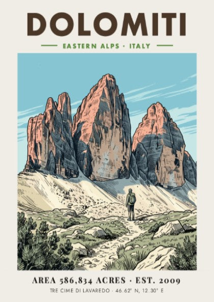 Poster of Dolomiti Tre Cime di Lavaredo with a hiker on a rocky path.