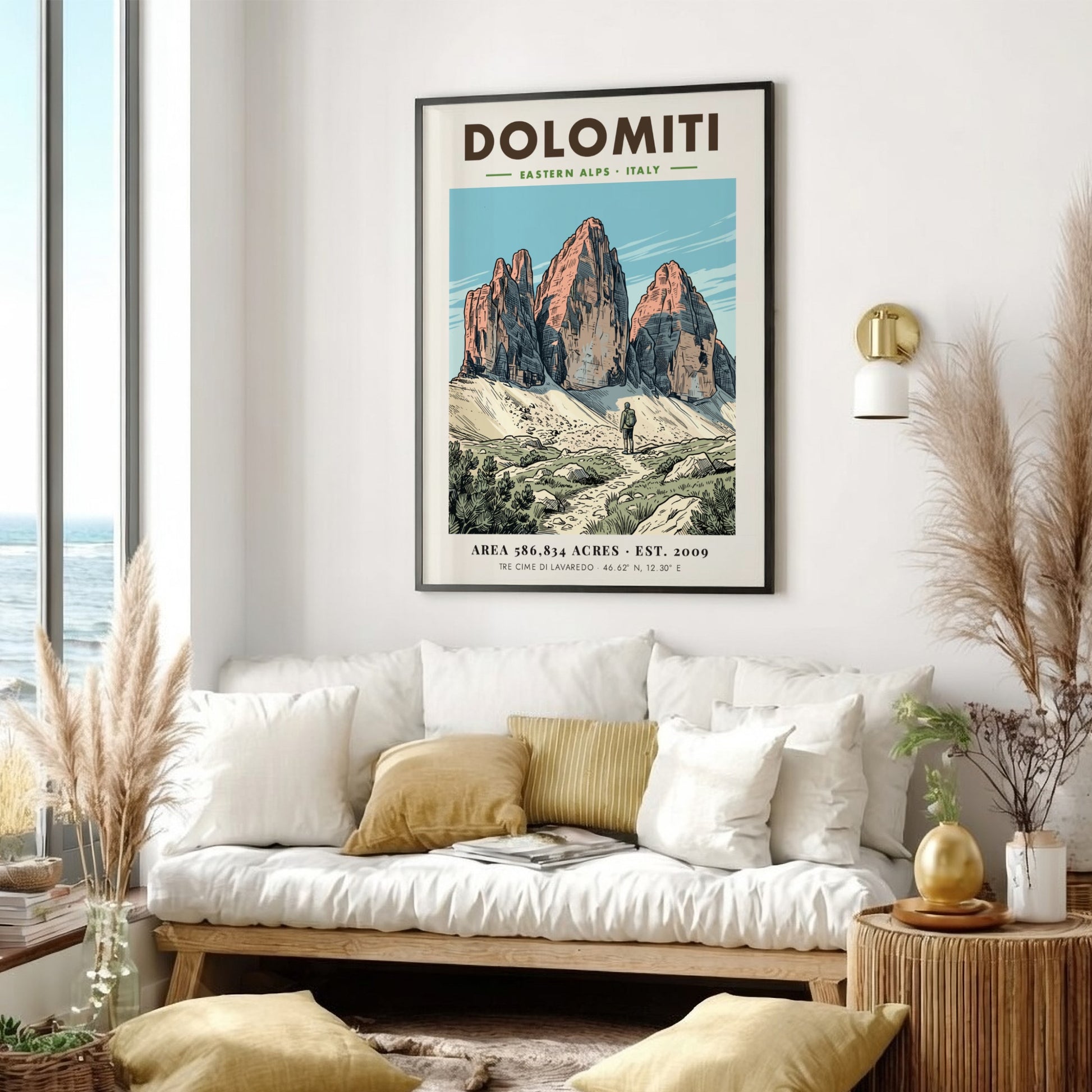 Poster of Dolomiti Tre Cime di Lavaredo with a hiker on a rocky path.