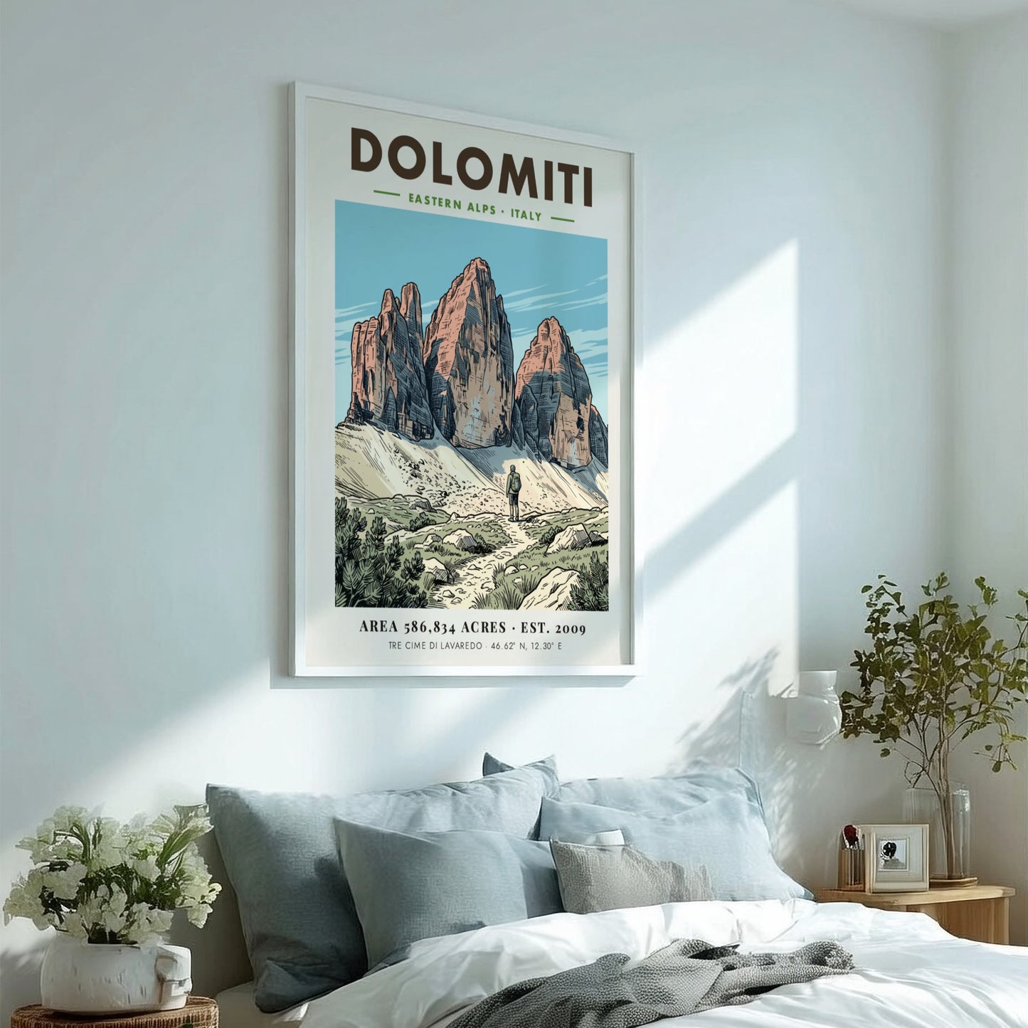 Poster of Dolomiti Tre Cime di Lavaredo with a hiker on a rocky path.