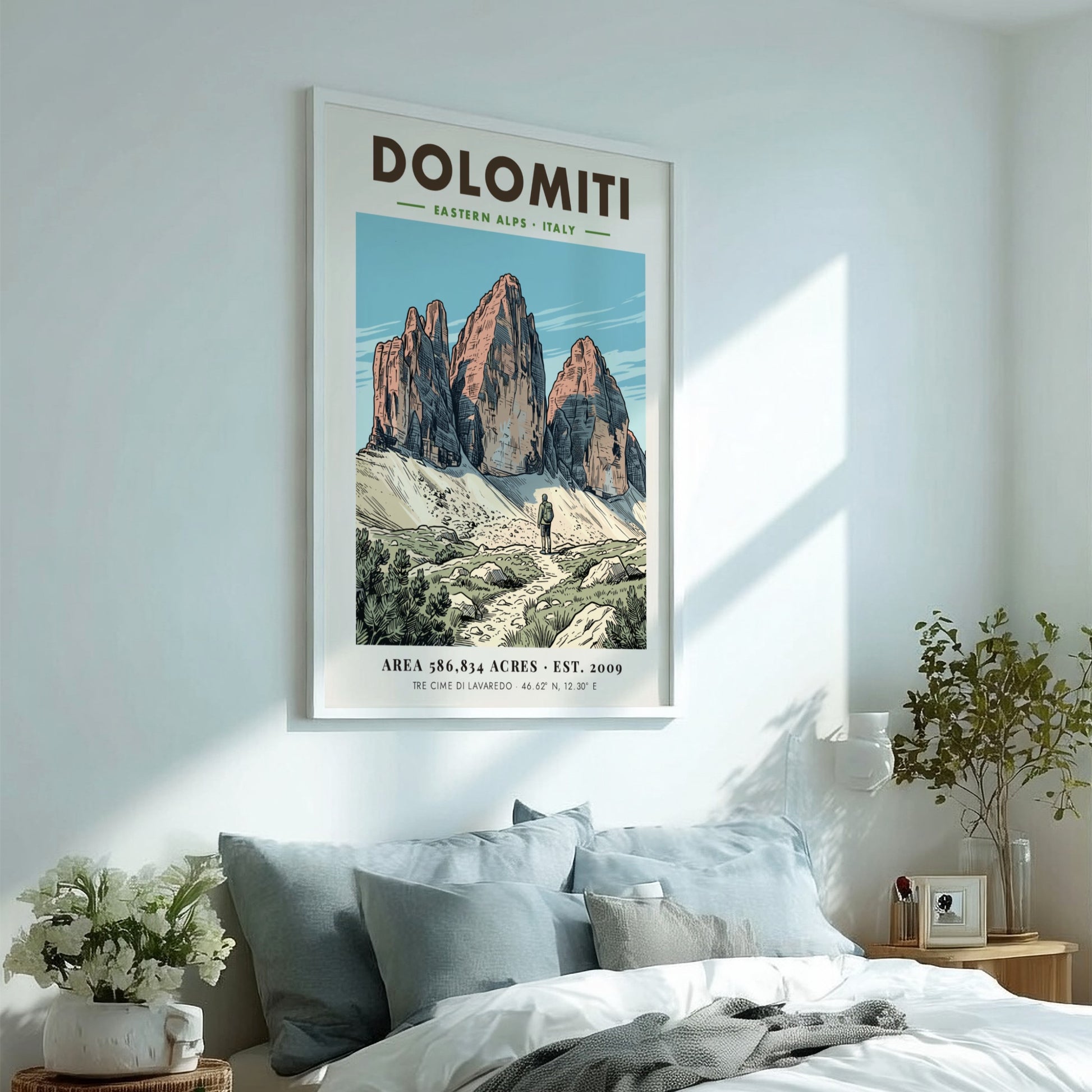 Poster of Dolomiti Tre Cime di Lavaredo with a hiker on a rocky path.