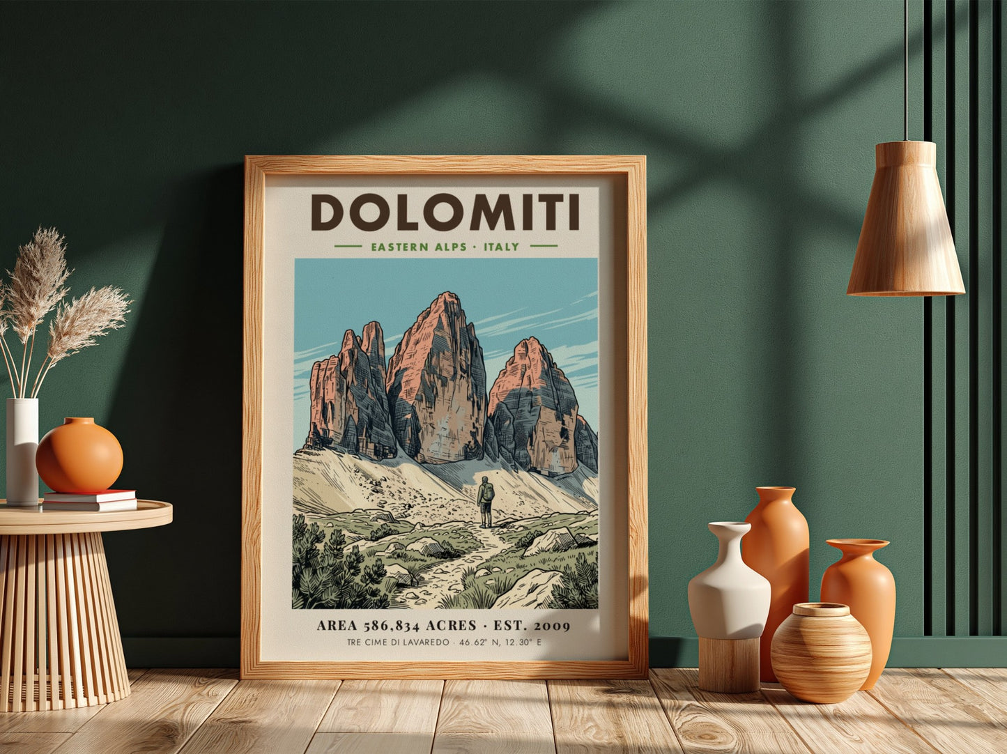 Poster of Dolomiti Tre Cime di Lavaredo with a hiker on a rocky path.