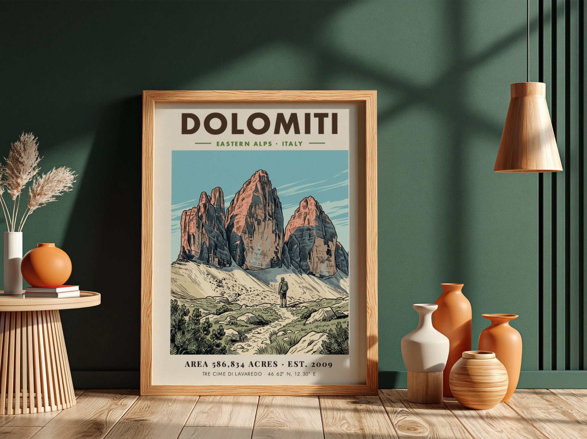 Poster of Dolomiti Tre Cime di Lavaredo with a hiker on a rocky path.