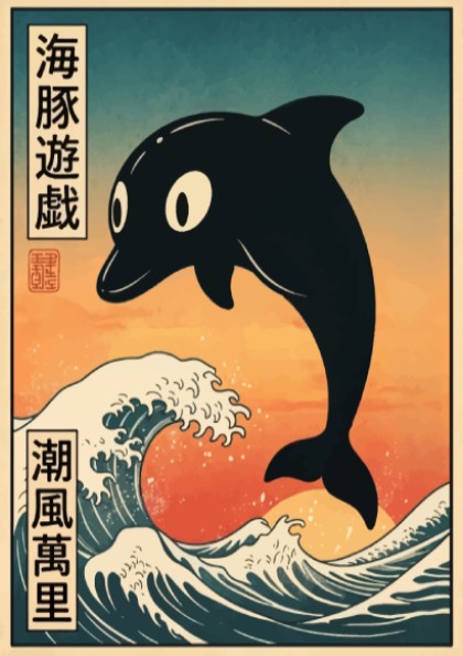 Poster featuring a black dolphin leaping over stylized ocean waves at sunset with text.
