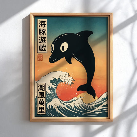 Poster featuring a black dolphin leaping over stylized ocean waves at sunset with text.
