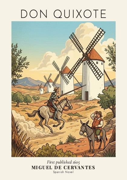Poster featuring Don Quixote and Sancho Panza riding toward windmills in a classic style.