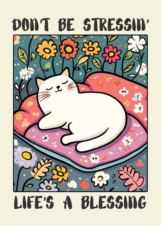 Relaxed Cat Wall Art, Quirky Feline Print, Inspirational Animal Decor, Cute Motivational Poster
