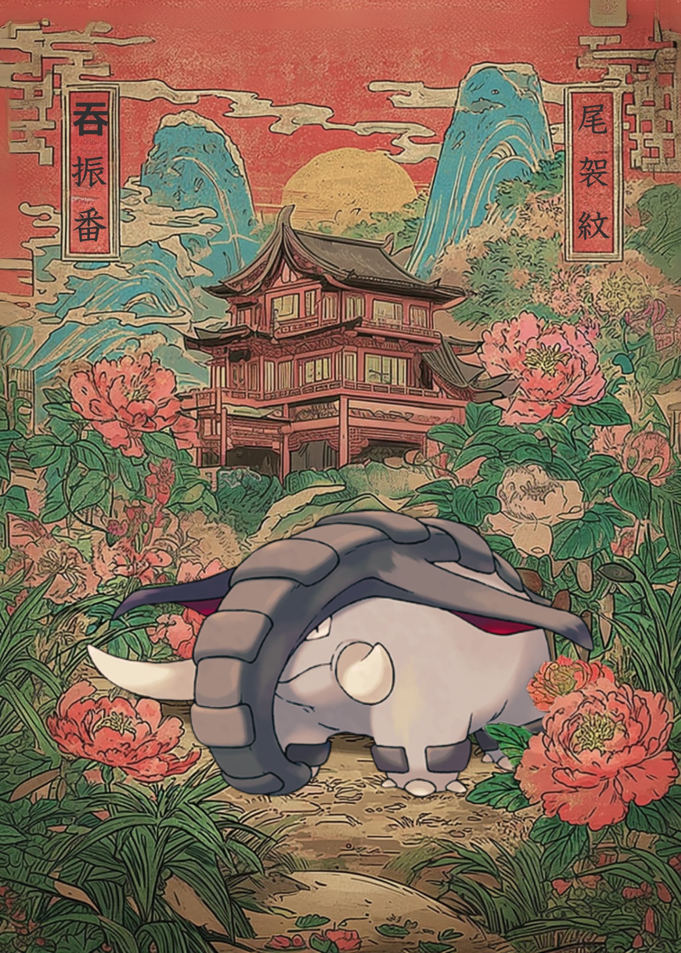 Donphan Pokemon in a stylized Japanese landscape with traditional architecture and flowers.
