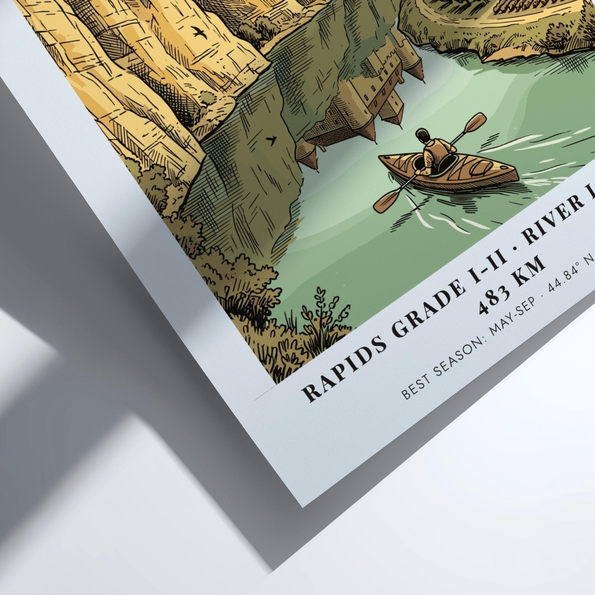 Poster featuring a castle overlooking the Dordogne River with a person kayaking below